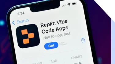 Smartphone screen showing the Replit: Vibe Code Apps listing with a "Get" button in an app store interface.