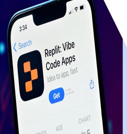 Smartphone screen showing the Replit: Vibe Code Apps listing with a 