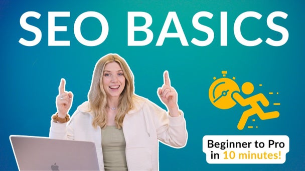 Person in front of a laptop pointing up, with text 