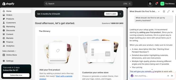 Screenshot of Shopify's setup guide for a jewelry business, featuring a sidebar for its virtual assistant