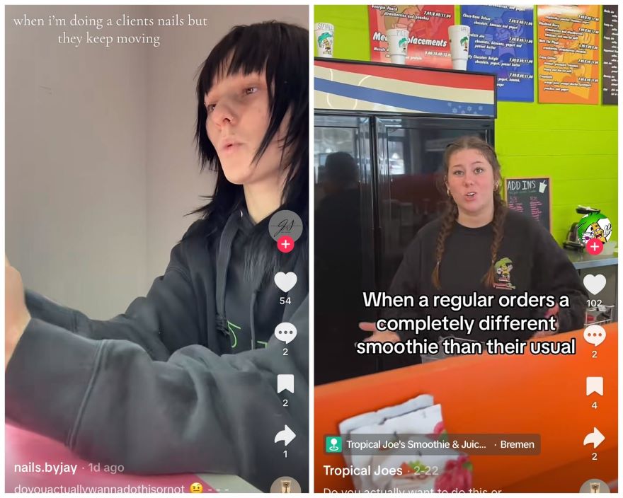 person paintnig nails behind desk (left) and worker behind counter (right)