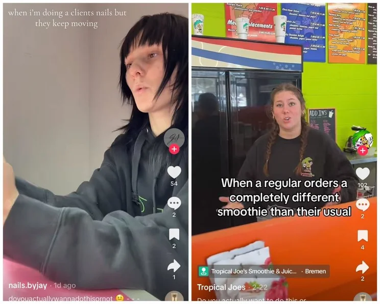 person paintnig nails behind desk (left) and worker behind counter (right)