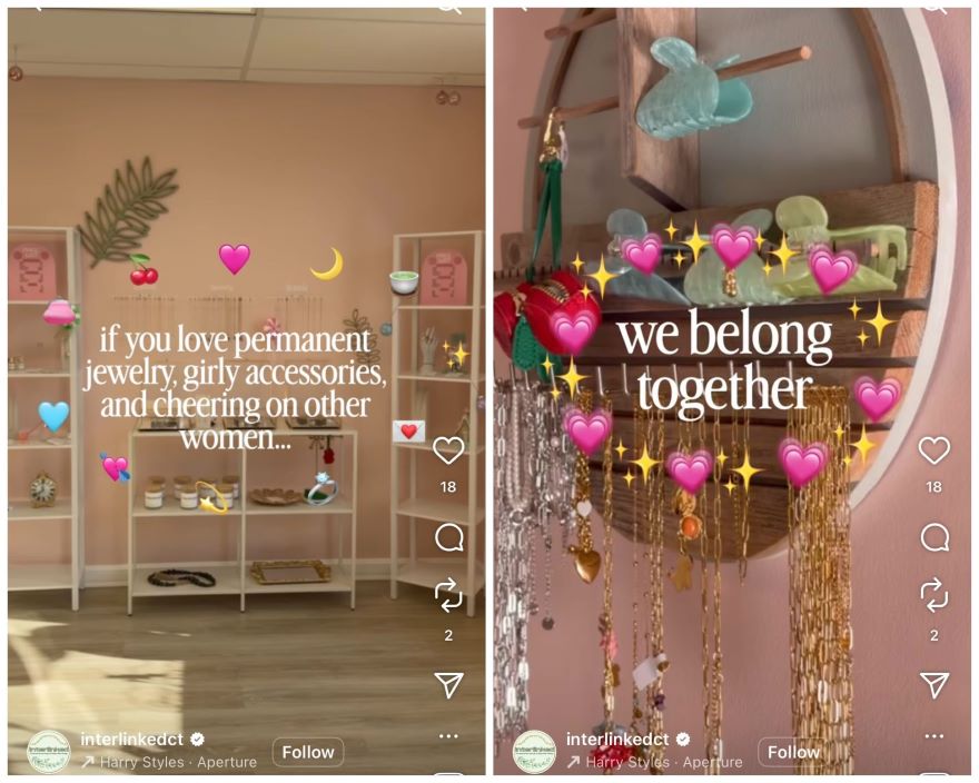 A bright boutique display featuring permanent jewelry, accessories, and a message encouraging women's support and connection.