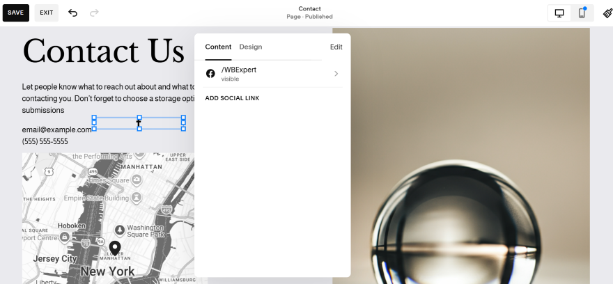 A contact page layout featuring a map of New York with placeholder text for email and phone number, and a blurred element.