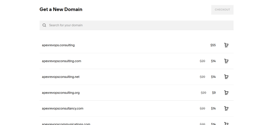 A web page listing available domain names for purchase, including options and prices for each domain.