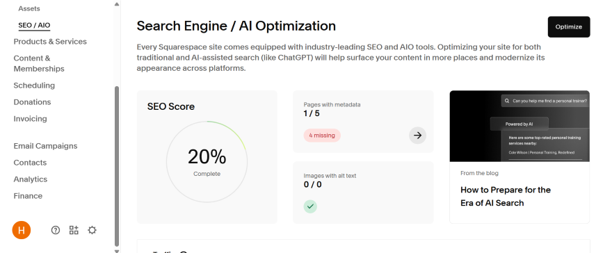 Dashboard displaying SEO optimization tools with a focus on AI assistance; shows progress at 20% and tasks for metadata and alt text.