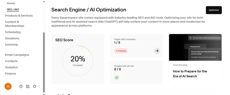 Dashboard displaying SEO optimization tools with a focus on AI assistance; shows progress at 20% and tasks for metadata and alt text.