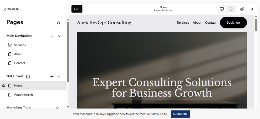 Website interface for Apex RevOps Consulting, featuring navigation links and a prominent slogan on business growth consultancy.