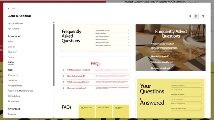 Squarespace FAQ element styles in the website editor