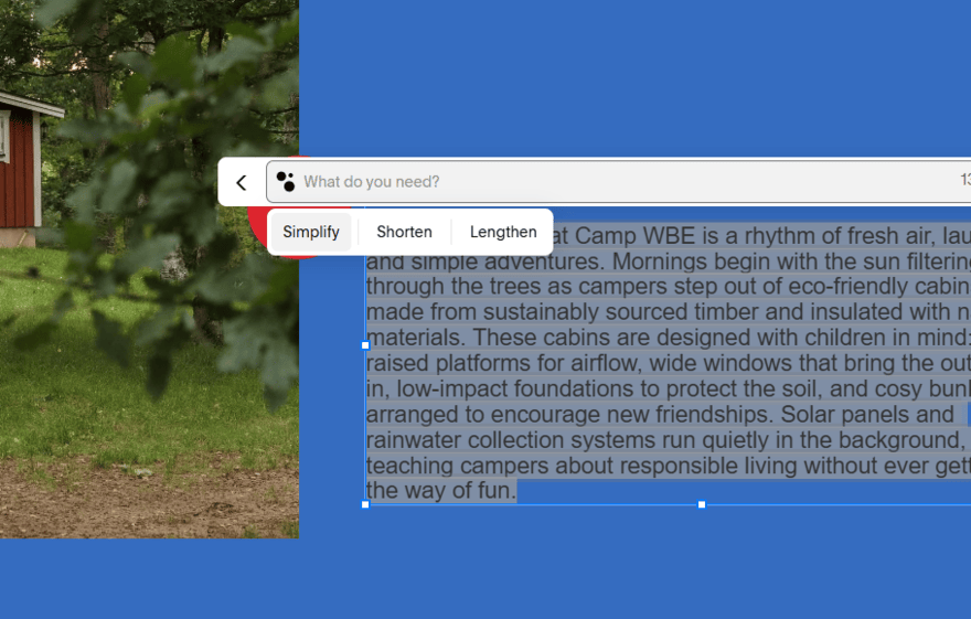 Squarespace AI text generator tool showing an option to simplify the text