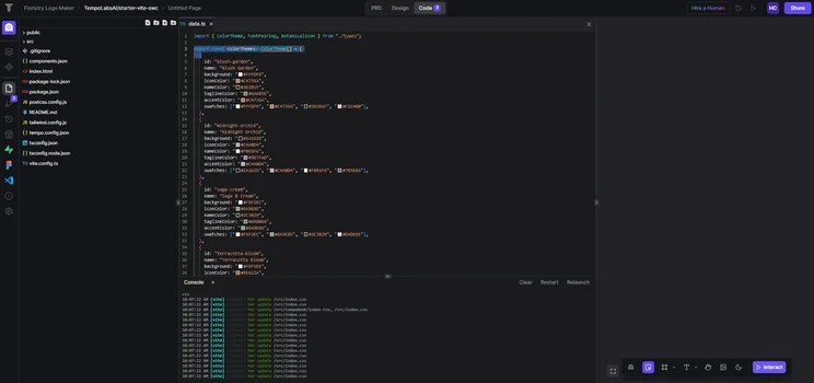 Code editor open to a TypeScript file defining color themes with properties like id, name, background, iconColor, and swatches, alongside a console showing live updates.