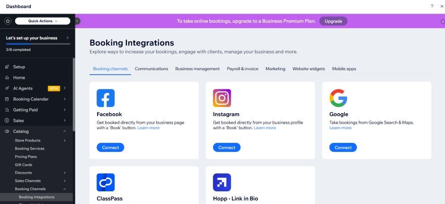 Wix dashboard showing booking five channel integrations with blue "connect" CTAs underneath
