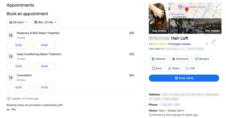 Services shown on Google Maps for a hair salon called Hair Loft