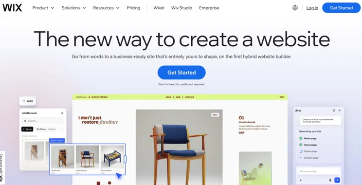 Wix homepage with a button to get started with its website builder