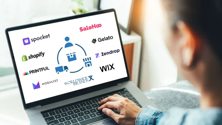 Person using a laptop displaying logos of dropshipping and e-commerce platforms like Shopify, Wix, SaleHoo, Spocket, and Printful.