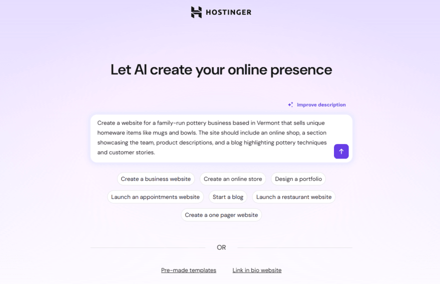 Hostinger's AI website builder prompt box with a brief prompt ready to submit for a pottery business