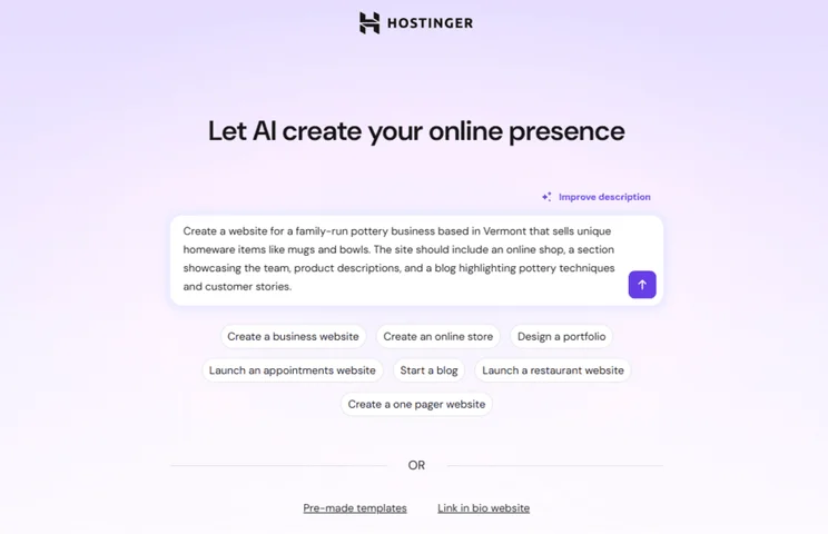 Hostinger's AI website builder prompt box with a brief prompt ready to submit for a pottery business