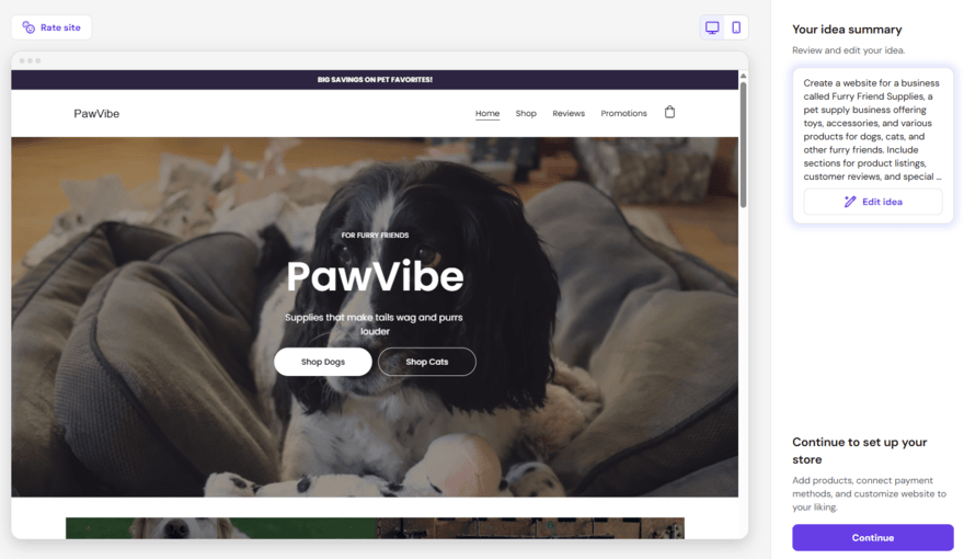 Hostinger's AI generated template summary for a pet supply business