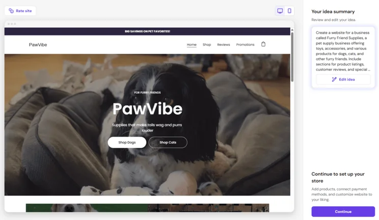 Hostinger's AI generated template summary for a pet supply business