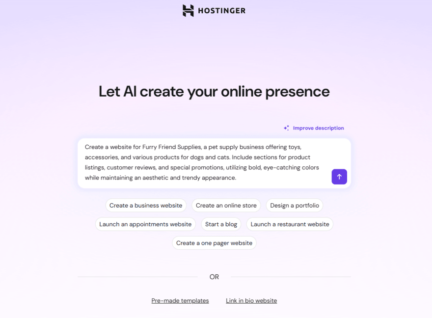Hostinger's AI builder prompt box