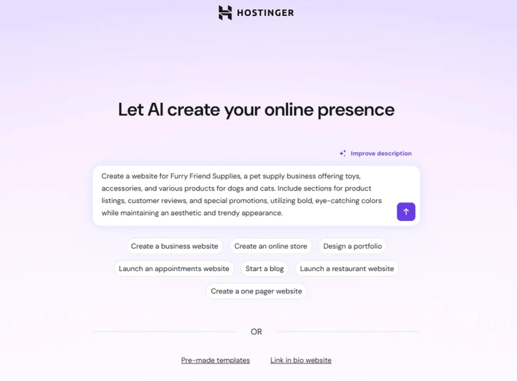Hostinger's AI builder prompt box