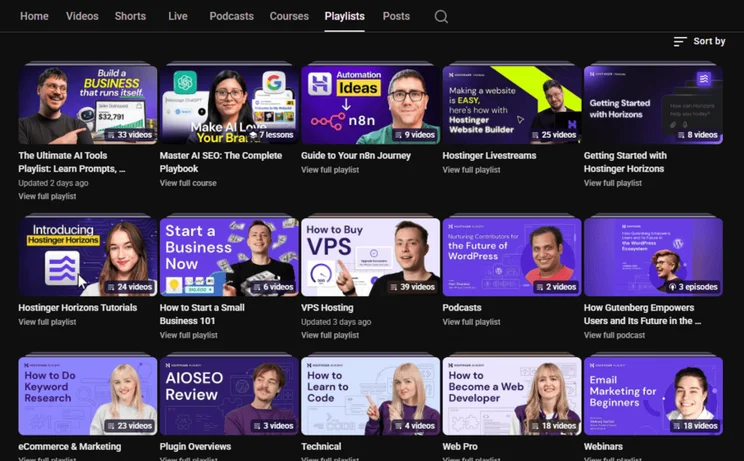 Hostinger Academy YouTube video playlist library