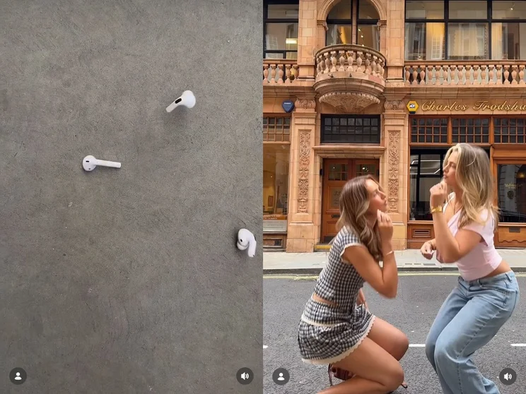 two pairs of headphones on the pavement in the left shot, and two people kneeling to pick them up in the right shot