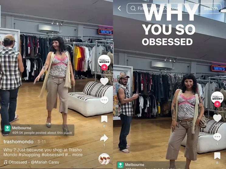 person posing in a clothing store while another person looks at them. The text "why you so obsessed" appears on the screen