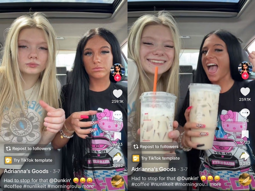 Two people holding their hands out then an iced coffee appears in their hand in the second shot