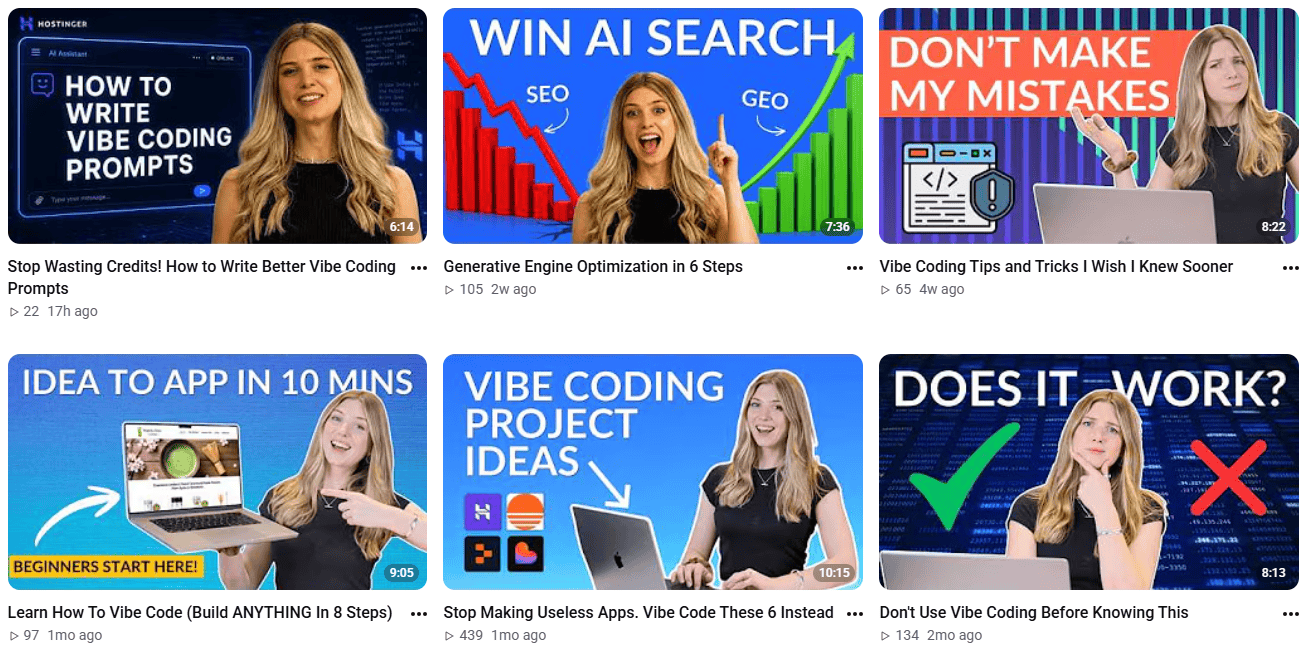 A screengrab of the Website Builder Expert YouTube channel showing six recent video thumbnails