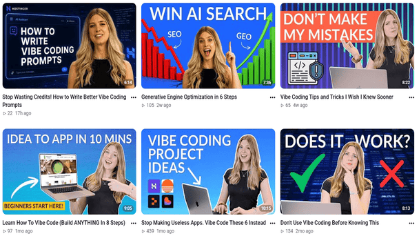 A screengrab of the Website Builder Expert YouTube channel showing six recent video thumbnails