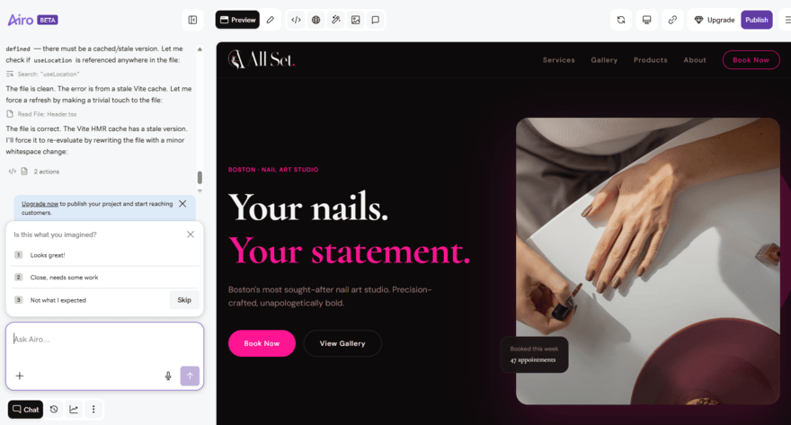 GoDaddy Airo nail business site preview with the chat visible to the left