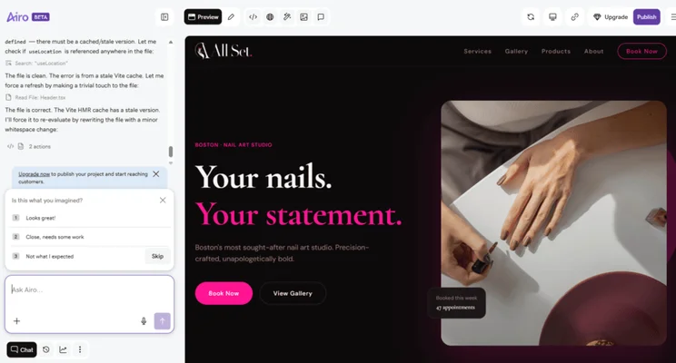 GoDaddy Airo nail business site preview with the chat visible to the left