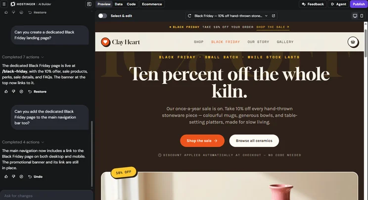 Hostinger AI Builder chat and editor interface for a pottery business