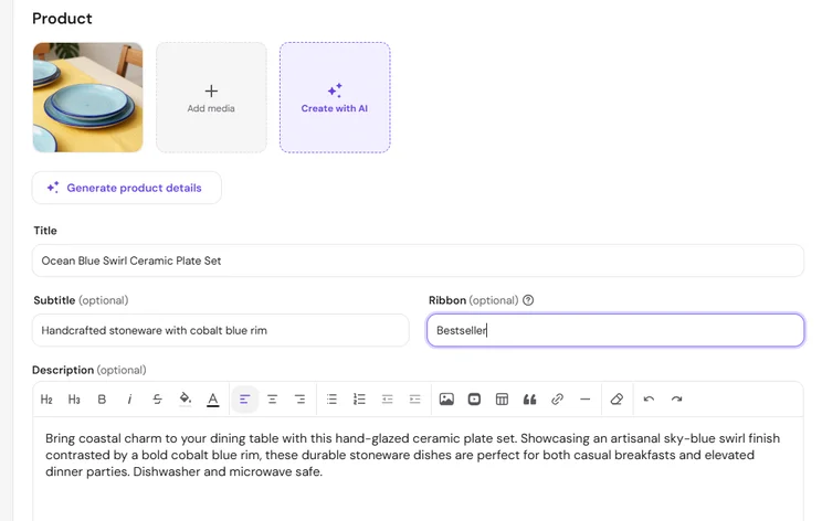 Product page in Hostinger AI Builder for a ceramic plate set
