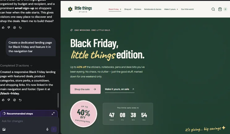 Hostinger AI Builder AI chat and site preview showing Black Friday landing page