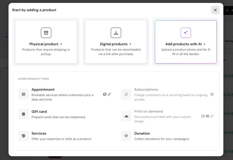 Product types when adding a new product in Hostinger's AI Builder
