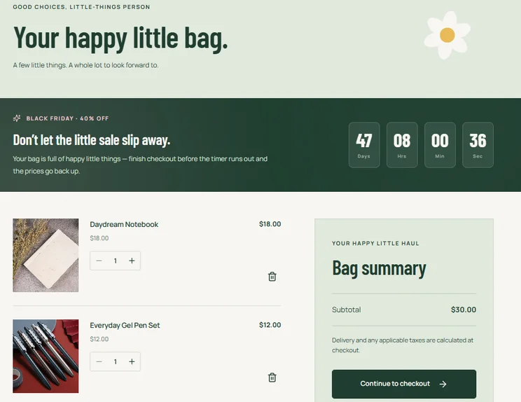 Hostinger AI Builder Black Friday countdown in the cart page