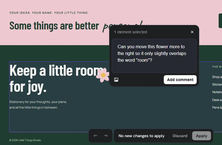 Pop up edit comment on Hostinger's AI Builder