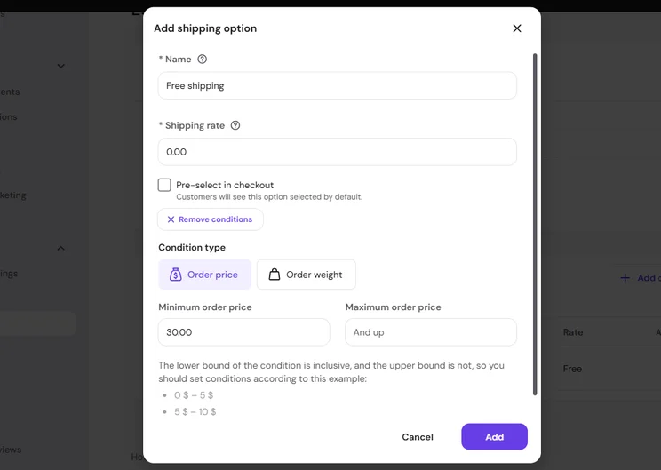 Shipping details for a new shipping zone in Hostinger's AI builder