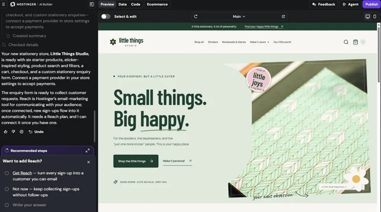 Generated site preview for stationery store in Hostinger AI Builder