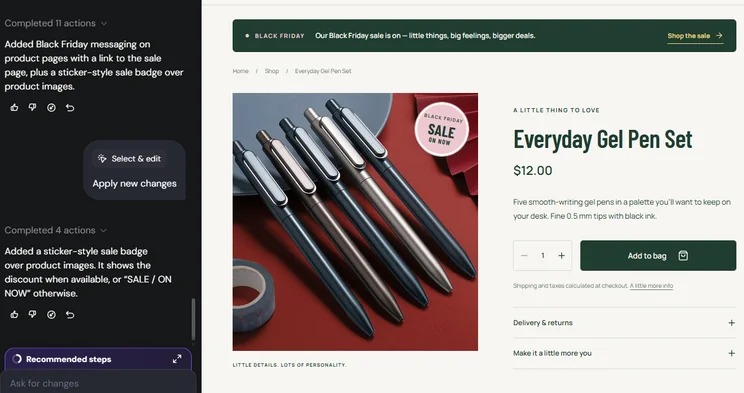 Hostinger AI Builder product page and AI chat for a gel pen set