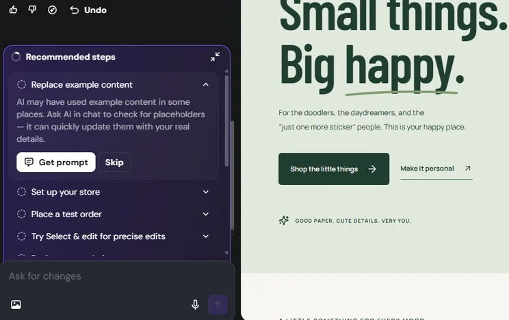 Recommended steps in Hostinger's AI Builder chat