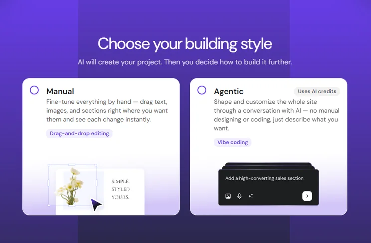 Hostinger AI Builder two building style options: manual or agentic